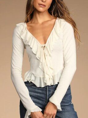 Free People Ophelia Ivory Ribbed Button-Up Ruffled Long Sleeve Top